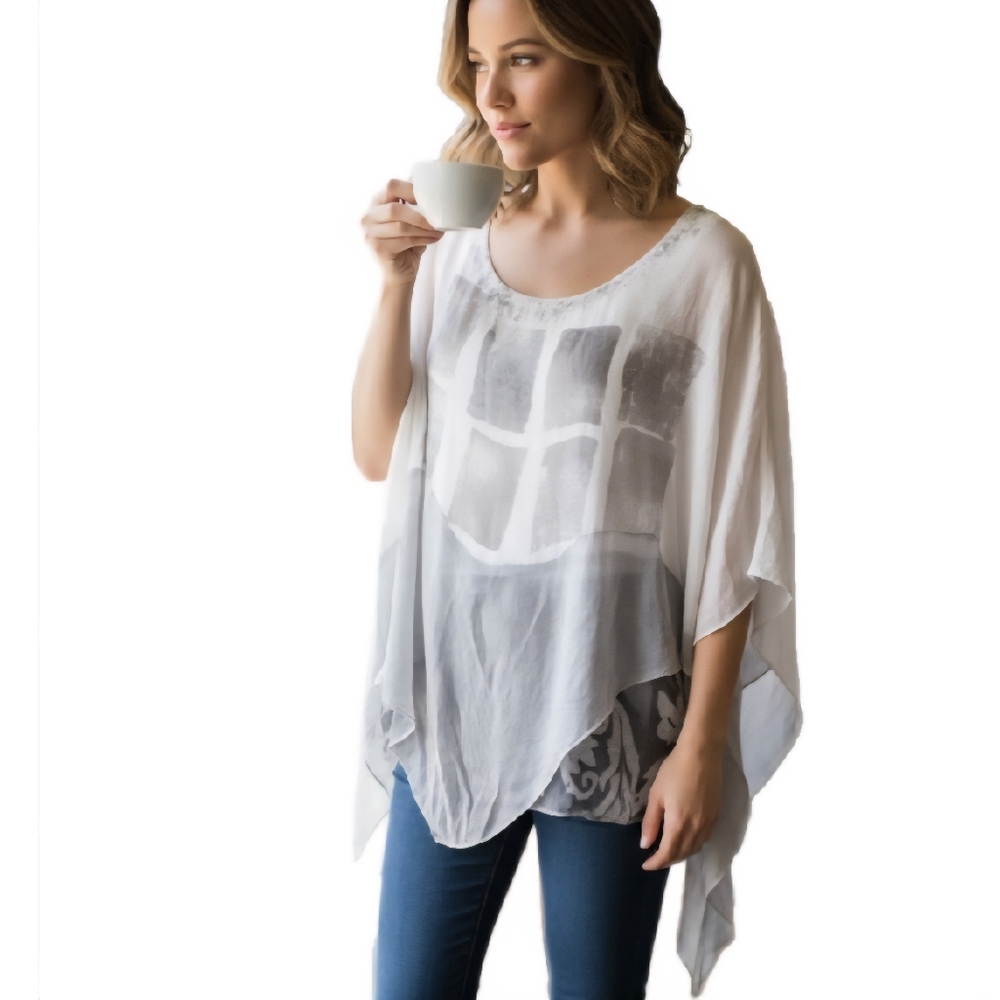 STUNNING Hand Dyed SCANDAL Watercolor Sheer Silk Overlay Italian Boho Blouse